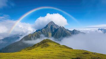 Majestic mountain landscape with vibrant rainbow arching over lush green hills and clouds photo