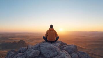 Solitary figure sits on rocky peak, gazing at sunset over vast desert landscape photo