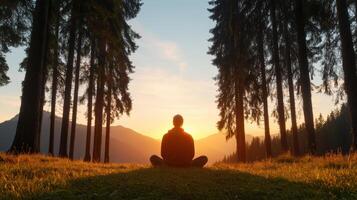 Solitary figure sits peacefully under tall trees, basking in warm sunlight photo