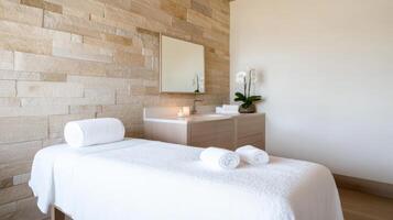 Relaxing spa retreat suite with polished stone walls, soft lighting, and tranquil atmosphere photo