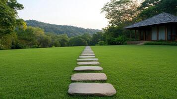 Stepping stones lead through lush green grass to serene forest cabana, inviting tranquility photo
