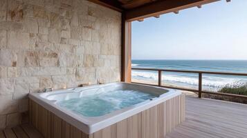 Relaxing spa tub with ocean view and natural light creates serene atmosphere photo
