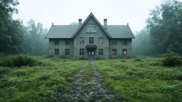 Stone manor surrounded by lush greenery and misty forest, with warm lights glowing from windows photo