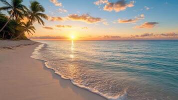 Serene beach scene with palm trees, golden sunset, and gentle waves lapping at shore photo