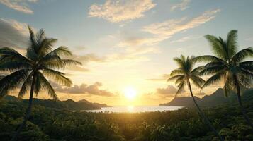 Tropical paradise at golden hour with giant glowing sun setting over lush greenery and mountains photo