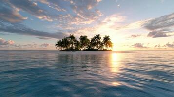 Serene island landscape with palm trees under vibrant sunset sky, reflecting on calm waters photo