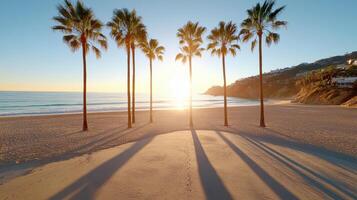 Sunset beach scene with tall palm trees casting long shadows on sand photo