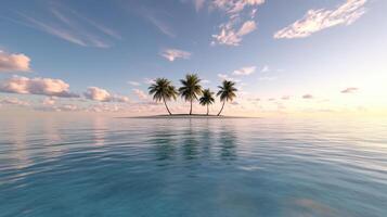 Serene tropical island with palm trees surrounded by calm blue waters and soft clouds photo