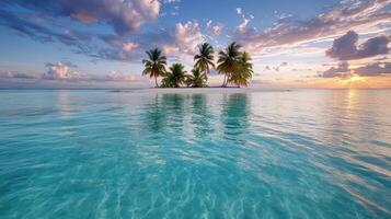 Serene tropical island with palm trees surrounded by clear turquoise water and vibrant sky photo