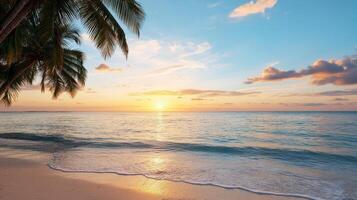 A beautiful sunset on a tropical beach with palm trees photo