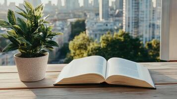 An open book and a potted plant on a wooden table with a cityscape in the background photo