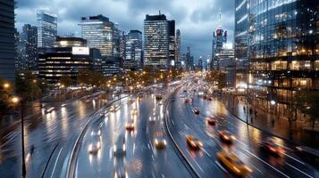 A city street with traffic and buildings in the background photo