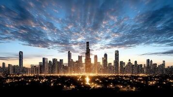 A city skyline at dusk with a lot of lights photo