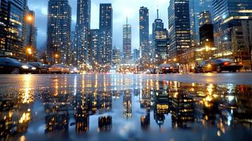 A city street at night with cars and buildings reflected in the puddle photo