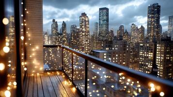 A balcony overlooking a city skyline with lights photo