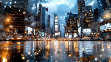 New york city at night with rain and lights photo