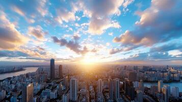 The sun rises over the city skyline in shanghai photo