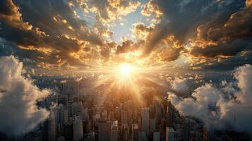 The sun rising over a city skyline with clouds photo