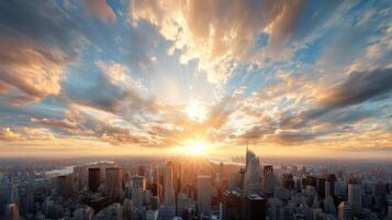 The sun rises over the city skyline in new york photo