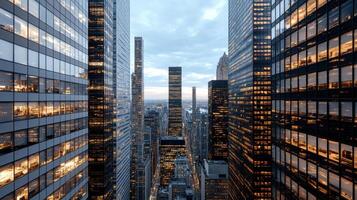 A view of the city from above, showing tall buildings photo