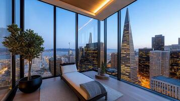 A view of the city from a window in a luxury apartment photo