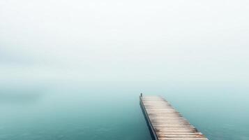 A wooden dock in the fog on a lake photo