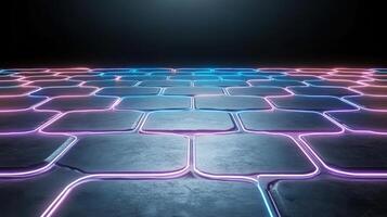 A neon lighted floor with a grid of squares photo