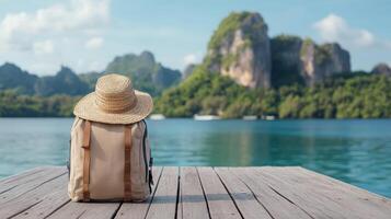 Backpack on wooden dock with lake and mountains photo