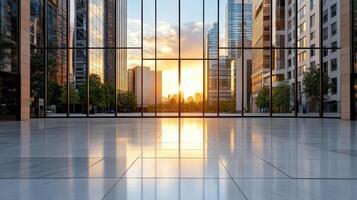 A large glass window in front of a building with a sunset photo