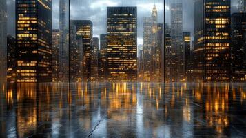 An empty city at night with tall buildings photo