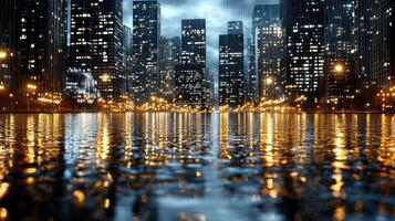 A city at night with water and lights reflected in it photo