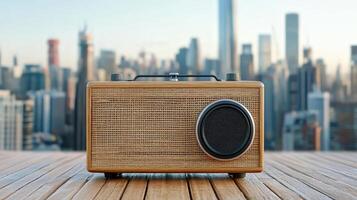 A retro radio on a wooden table in front of a cityscape photo
