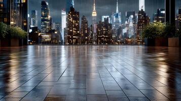 A view of a city at night with a wooden floor photo