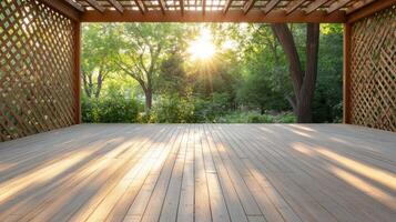A wooden deck with a sun shining through the trees photo
