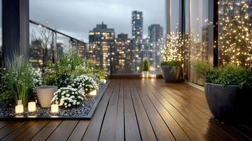 A balcony with plants and candles on it photo