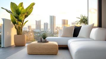A modern living room with white furniture and a view of the city photo