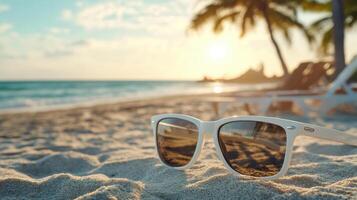 A pair of sunglasses on the beach with palm trees photo