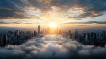 The sun is rising over a city skyline with clouds photo