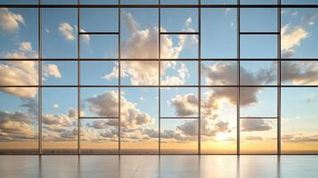 A large room with windows looking out to the sky photo