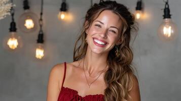 A woman smiling in front of a string of light bulbs photo