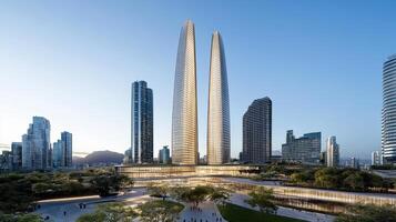 The twin towers are being built in the middle of a city photo