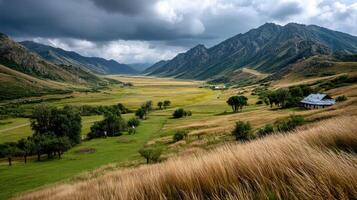A beautiful landscape with mountains and grass photo