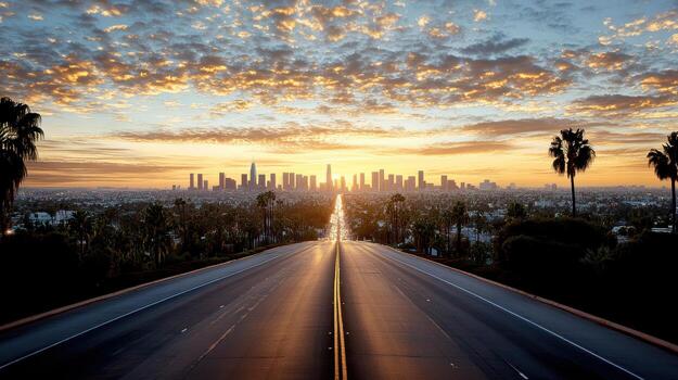 A highway with palm trees and a city skyline in the background photo
