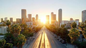 The sun is setting over a city street with palm trees photo