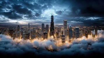 A city in the clouds with a dark sky photo