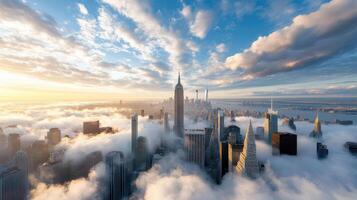New york city skyline with clouds and fog photo