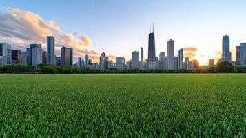 A grassy field with a city skyline in the background photo