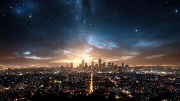 The city is lit up at night with stars photo