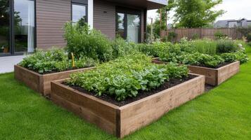 A garden with raised beds of herbs and vegetables photo