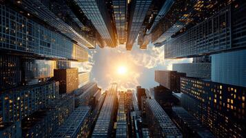 The sun shines through the sky in a city photo